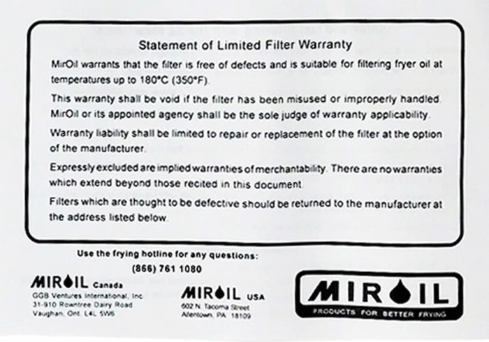 MirOil B6PS Filter Assembly — For Normal to Heavy Crumb Loads
