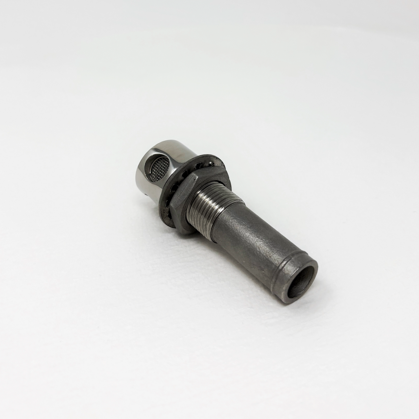 Stainless steel straight boat gas vent with screen on white background