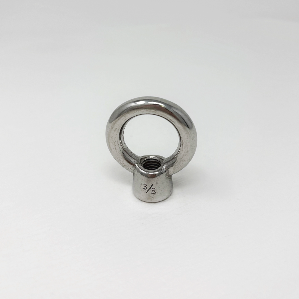 Stainless steel 3/8" eye bolt on a white background