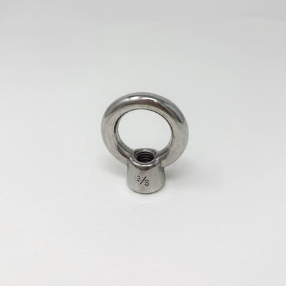 Stainless steel 3/8" eye bolt on a white background