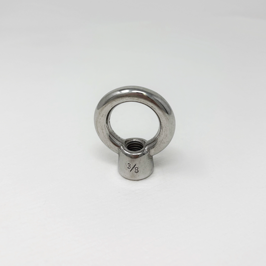 Stainless steel 3/8" eye bolt on a white background