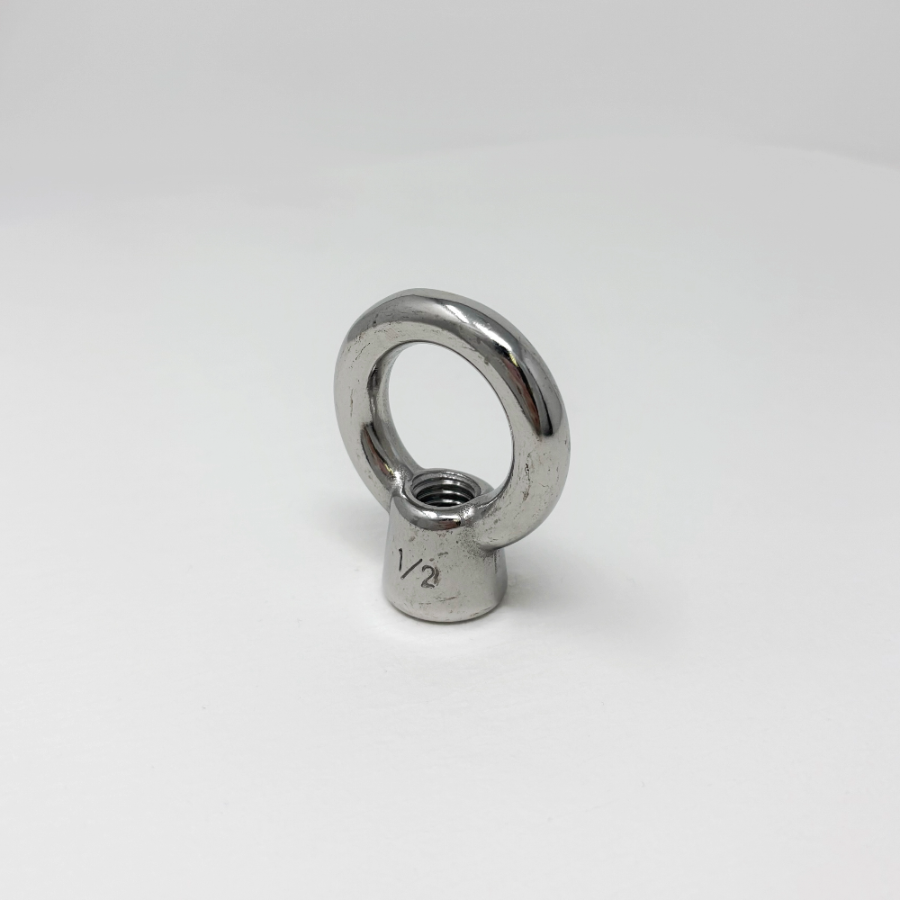 Stainless steel 1/2" eye bolt on a white background