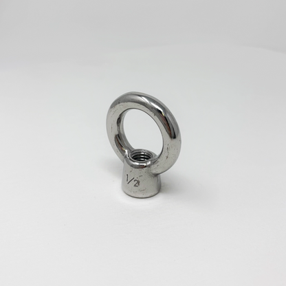 Stainless steel 1/2" eye bolt on a white background
