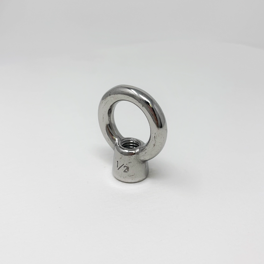 Stainless steel 1/2" eye bolt on a white background