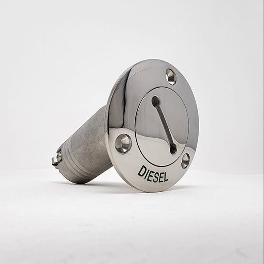 Stainless steel angled diesel deck fill on white background