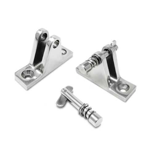 a group of 3 marine products : deck hinge with pin, a quick release pin, and a deck hinge without a pin.