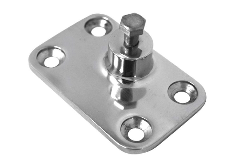 An image showcasing a heavy-duty side mount deck hinge plate. The hinge plate is made of robust metal and features multiple holes for secure attachment. Its durable design indicates suitability for outdoor use, such as on decks, gates, or fences. The plate's smooth finish and sturdy construction suggest it can support substantial weight and endure varying weather conditions.